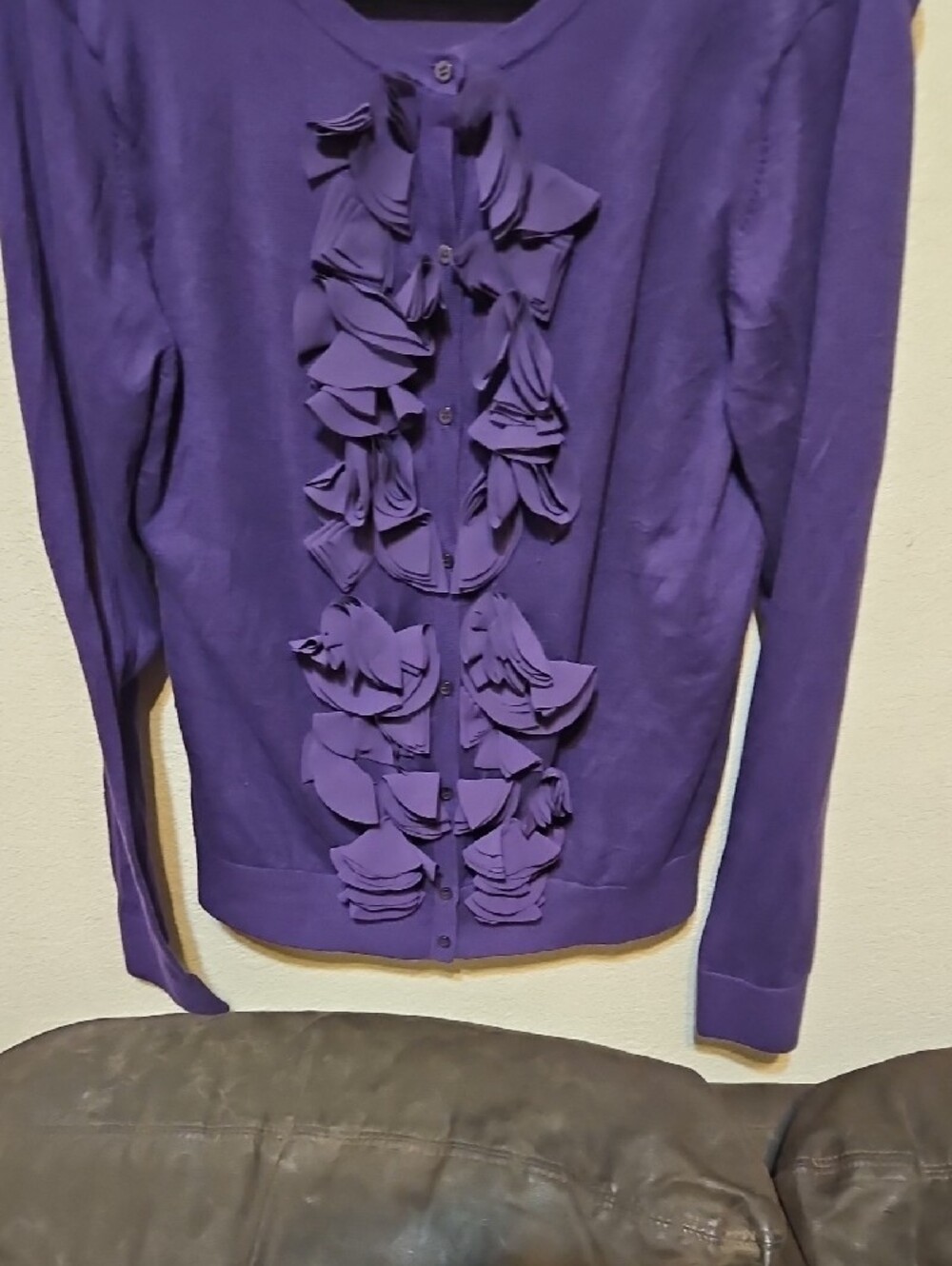LOFT Deep Purple Ruffle-Front Cardigan - Picture 3 of 6